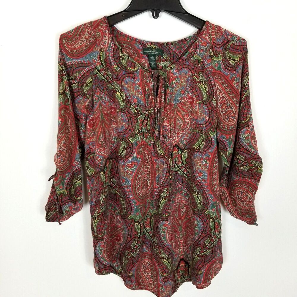 Ralph Lauren Top Womens Size S Multi Color Paisley Key Hole V Neck Long Sleeve